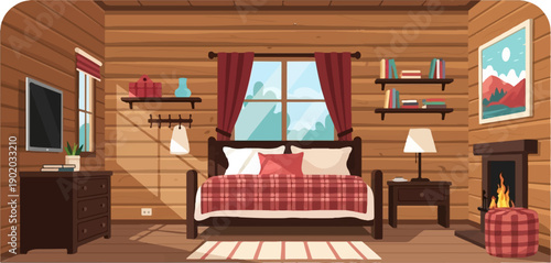 Cozy cabin bedroom with plaid bedding, fireplace, and a view