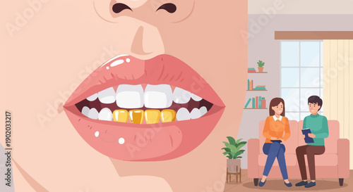 Close-up of mouth with gold teeth and two people talking in a room