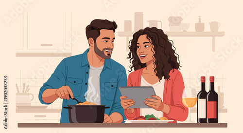 Couple enjoys cooking together in a kitchen, using a tablet for recipe