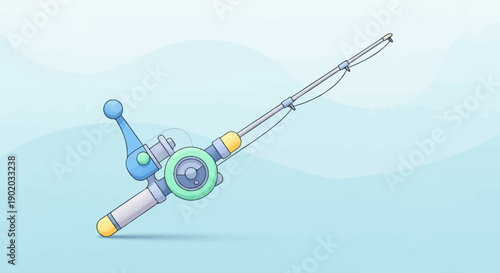 Colorful cartoon fishing rod with a pastel blue background