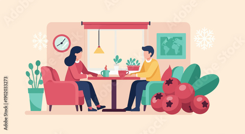 Cozy winter scene with two people enjoying drinks by a window