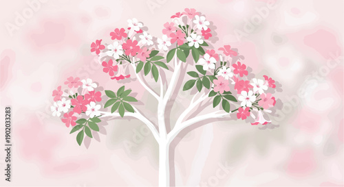 Delicate pink and white blossoms adorn a white-trunked tree