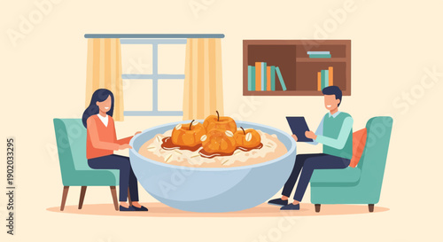 Couple enjoys a large bowl of oatmeal topped with baked apples