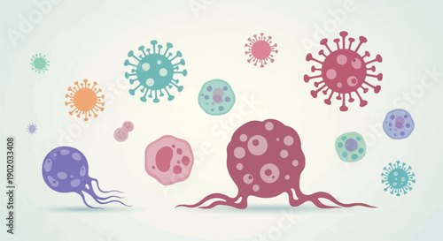 Colorful collection of illustrated virus-like and cell-like organisms