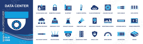 Data center icon set. Containing server rack, network switch, router, fiber optic, cooling fan, climate control, access badge, biometric, UPS battery and more. Solid fill vector icons collection