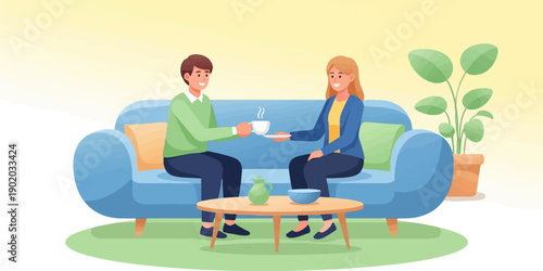 Couple enjoying coffee on a sofa with a table and plant