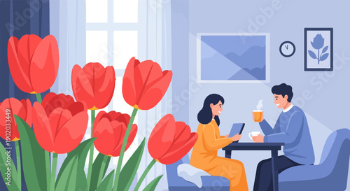 Couple enjoying coffee and conversation indoors with vibrant tulips