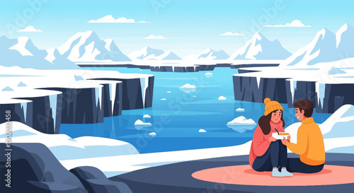 Couple enjoying a warm drink by icy cliffs under a bright sky