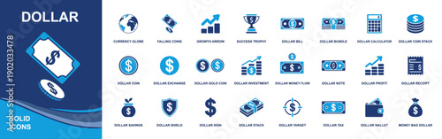 Dollar finance icon set. Containing dollar bill, coins, exchange, profit, investment, tax, receipt, wallet, calculator, savings, money flow and more. Solid fill vector icons collection