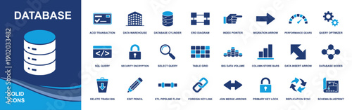 Database icon set. Containing SQL query, ERD diagram, schema, table grid, ETL pipeline, migration, replication, encryption, primary key, data warehouse and more. Solid fill vector icons collection