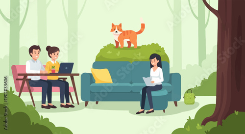 Couple works on laptops outdoors while cat observes from shrubbery