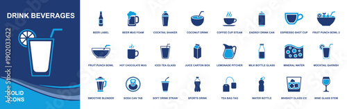 Drink beverages icon set. Containing beer, coffee, espresso, tea, lemonade, milk, mineral water, smoothie, cocktail shaker, energy drink, soda and more. Solid fill vector icons collection