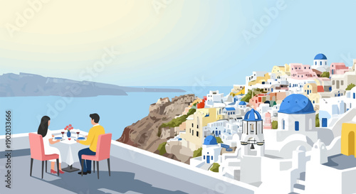 Couple dining with ocean view in picturesque island village