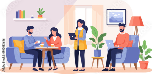 Colleagues collaborate and converse in a relaxed, modern office setting