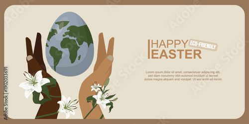 Easter greeting banner with hands holding earth globe egg, white lilies and Happy Eco-Friendly Easter text, ideal for sustainable holiday designs. Eco-friendly easter. Vector illustration