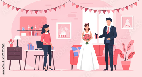 Couple celebrating wedding with gifts and decorations in a room