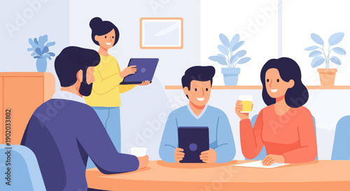 Colleagues collaborate around a table with laptops and drinks