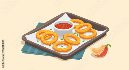 Crispy golden onion rings served on a tray with dipping sauce and garnish