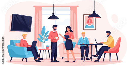 Colleagues collaborate and work in a modern, comfortable office lounge