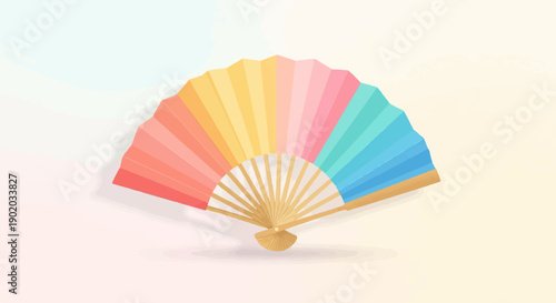 Colorful folding fan with wooden handle against a pastel gradient background