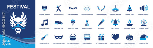 Festival icon set. Containing chinese dragon, fireworks, lantern, parade, balloons, stage mic, carnival wheel, gift, mask, holiday symbols and more. Solid fill vector icons collection