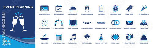Event planning icon set. Containing calendar, ticket, invitation, catering, champagne, wedding cake, confetti, balloons, microphone, stage spotlight and more. Solid fill vector icons collection