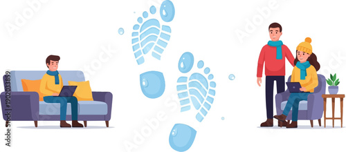 Couple and man with laptops, plus footprints, representing digital life or environmental impact