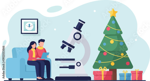 Wallpaper Mural Couple with laptop and microscope near decorated Christmas tree Torontodigital.ca