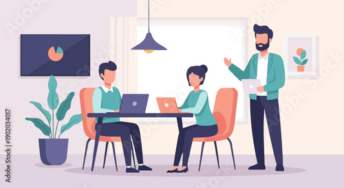 Colleagues collaborate in a modern office setting with laptops and a presentation screen