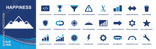 Process optimization icon set. Containing kaizen, lean, six sigma, bottleneck, dashboard, efficiency, cost reduction, target, tuning, data driven and more. Solid fill vector icons collection
