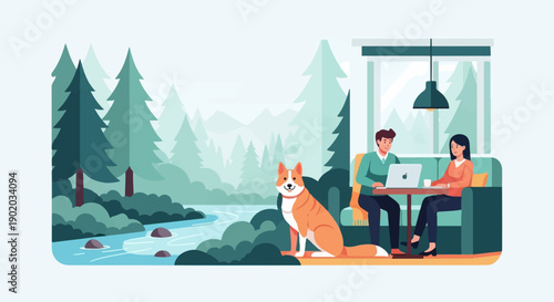 Wallpaper Mural Couple with dog in a cozy cabin by a serene forest river Torontodigital.ca