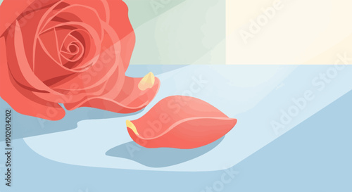 Close-up of a vibrant coral rose with scattered petals on a light blue surface