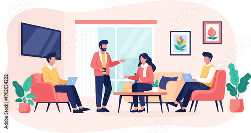 Colleagues collaborate on laptops in a casual office meeting