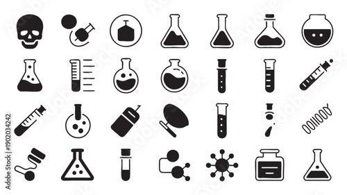 Black Laboratory Equipment Icons on White Background