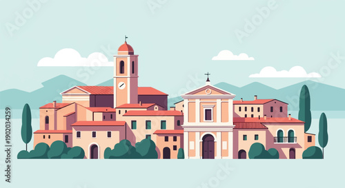 Colorful illustration of a quaint European village with a prominent church