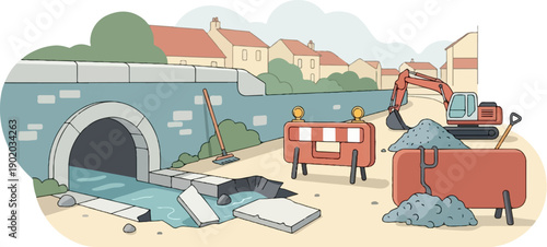 Construction work on a water channel with an excavator and barriers