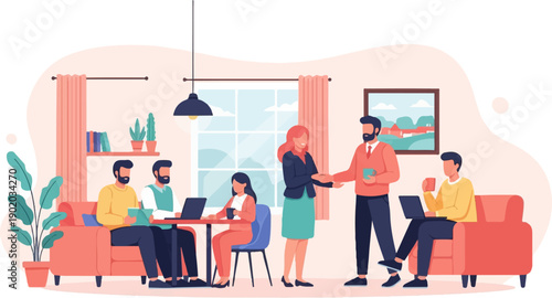 Colleagues collaborate on laptops in a modern, light-filled office setting