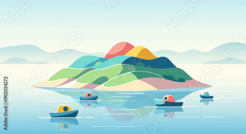 Colorful island with boats on calm water under a hazy sky