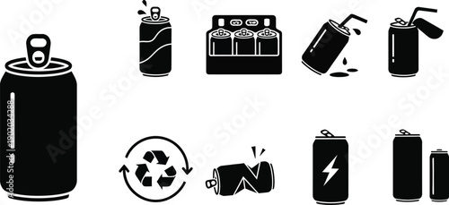 Pop tin can. Aluminum or steel beverage cans. Beverage soda can icon silhouette. 