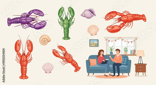 Colorful lobsters and shells scattered around a cozy living room scene