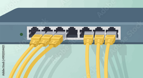 Close-up of a network switch with multiple yellow ethernet cables connected