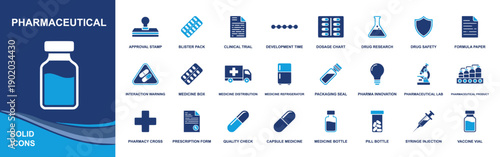 Pharmaceutical icon set. Containing pills, blister pack, clinical trial, dosage chart, lab, prescription, syringe, vaccine vial, medicine bottle and more. Solid fill vector icons collection