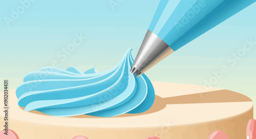 Close-up of a piping bag decorating a cake with blue frosting