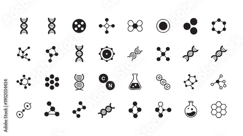 Black and White Molecular Structure Icons with Laboratory Equipment