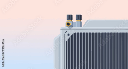 Close-up of a radiator with two valves against a soft gradient background