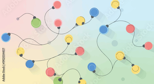 Colorful lights strung together on a pastel gradient background, casting shadows