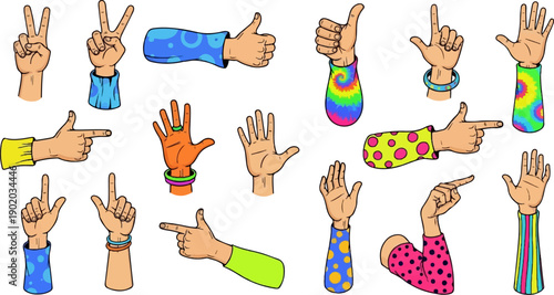Collection of cartoon hands making various gestures and wearing colorful sleeves