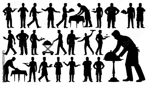 Waiter and Server Silhouette Collection Hospitality Staff Professional Poses on Transparent Background