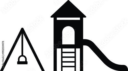 Children playground house with pitched roof, ladder, slide, and a swing set in the park silhouette. 