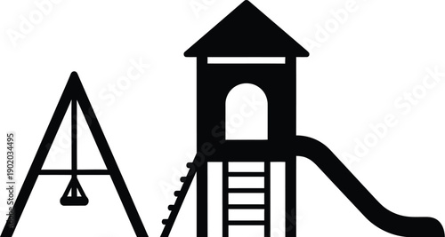 Children playground house with pitched roof, ladder, slide, and a swing set in the park silhouette. 